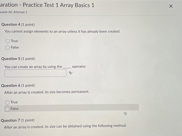 Solved aration - Practice Test 1 Array Basics 1 sadah All: | Chegg.com