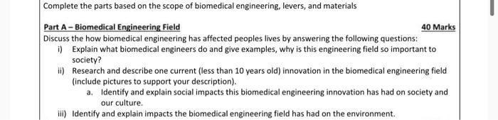 Solved Complete The Parts Based On The Scope Of Biomedical | Chegg.com