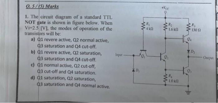 0.5/(5) Marks
1. The circuit diagram of a standard TTL
NOT gate is shown in figure below. When
Vi-2.5 [V], the modes of opera