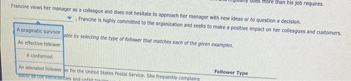 Francine views her manaber as a colleague and does not hesitate to approach her manager with new ideas or to question a decis