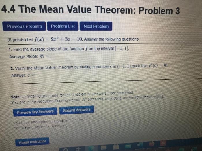 Solved 4.4 The Mean Value Theorem: Problem 1 Previous | Chegg.com