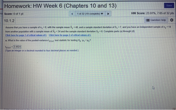 Solved Save Homework: HW Week 6 (Chapters 10 and 13) Score: | Chegg.com