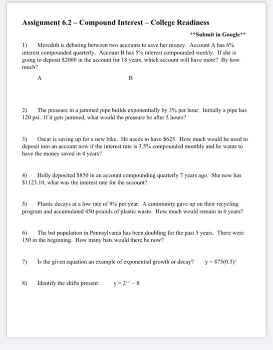 Solved Assignment 6.2 - Compound Interest - College | Chegg.com