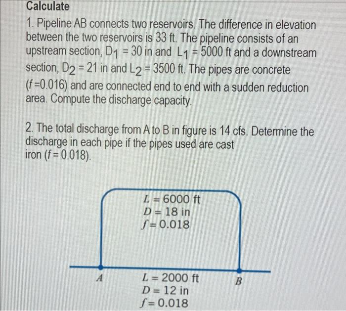 Solved Calculate 1. Pipeline AB Connects Two Reservoirs. The | Chegg.com