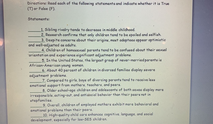 Solved Directions: Read each of the following statements and | Chegg.com