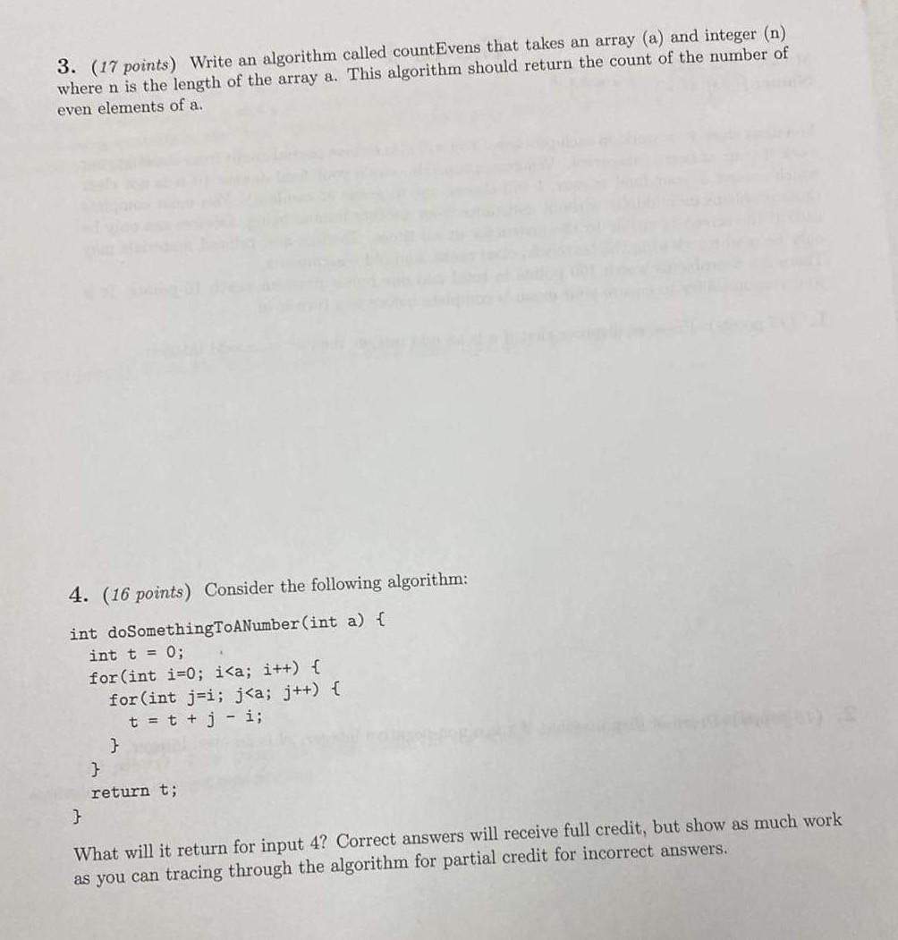 Solved 3. (17 points) Write an algorithm called countEvens | Chegg.com