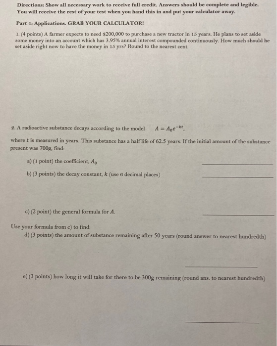 Solved Directions: Show all necessary work to receive full | Chegg.com