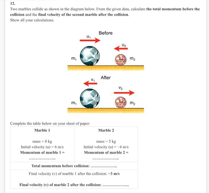 Solved 12. Two marbles collide as shown in the diagram | Chegg.com