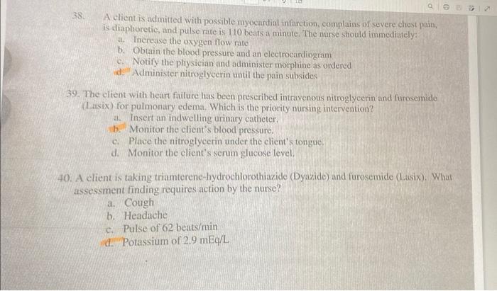 Solved 38. A elient is admitted with possible myocardial | Chegg.com