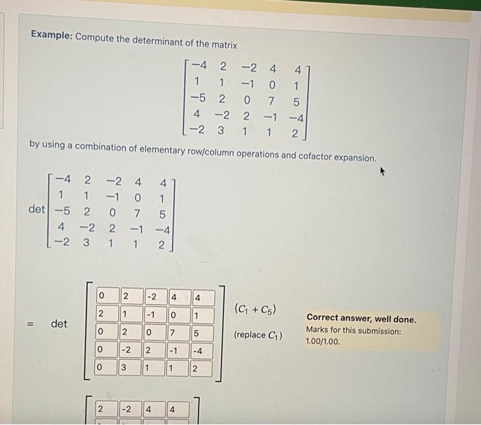 Solved Example: Compute the determinant of the matrix | Chegg.com