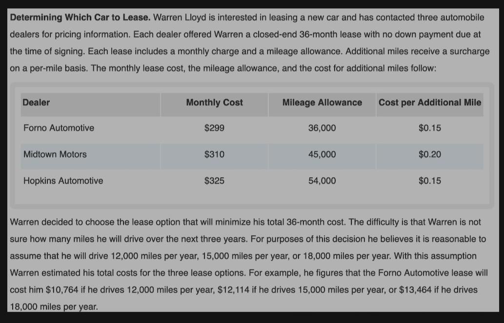 Solved Determining Which Car to Lease. Warren Lloyd is