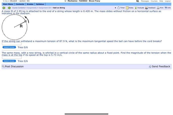 Solved A mass M of 2.95 kg is attached to the end of a | Chegg.com