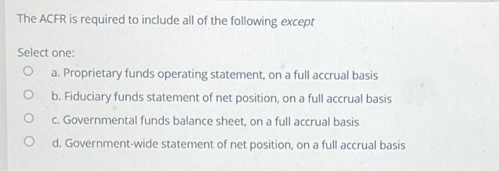 Solved The ACFR is required to include all of the following | Chegg.com
