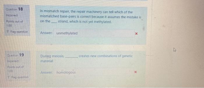 Solved Question 18 Incorrect In mismatch repair, the repair | Chegg.com