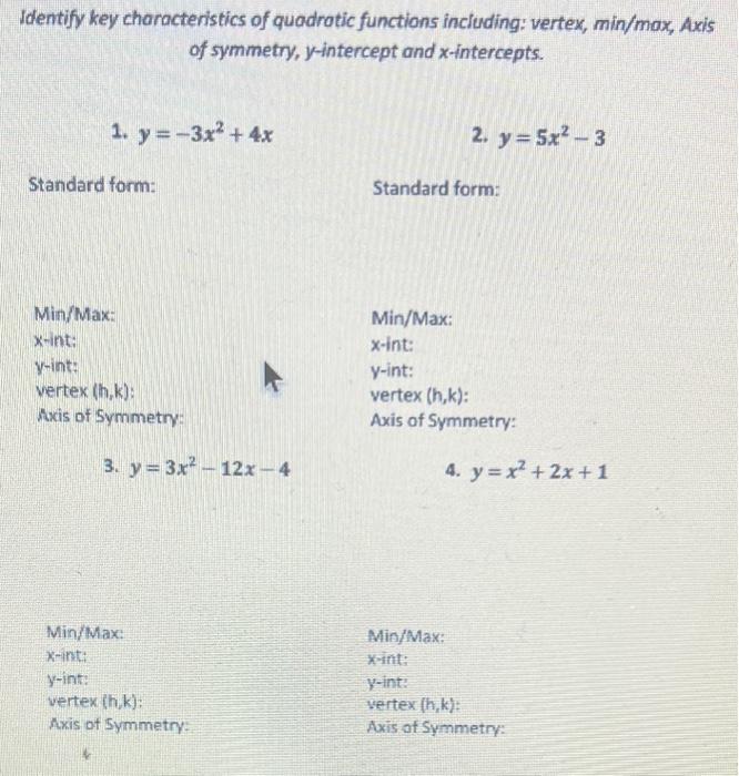 Solved Identify key characteristics of quadratic functions