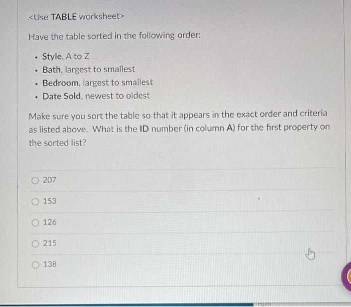 Have the table sorted in the following order: . . | Chegg.com