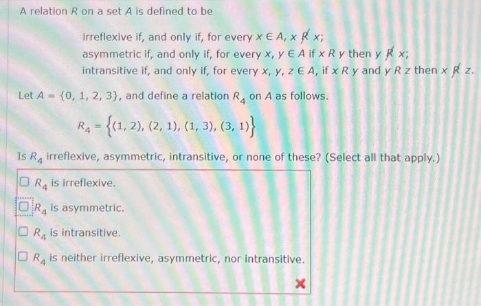 Solved A relation R on a set A is defined to be Irreflexive | Chegg.com