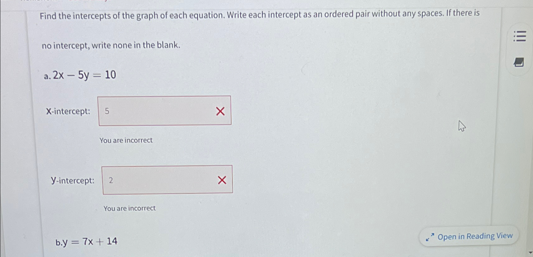 Solved Find the intercepts of the graph of each equation. | Chegg.com