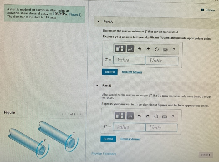 Solved Review A Shaft Is Made Of An Aluminum Alloy Having An | Chegg.com