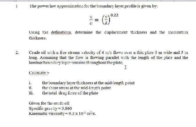 Solved 1 The power law approximation for the boundary layer | Chegg.com