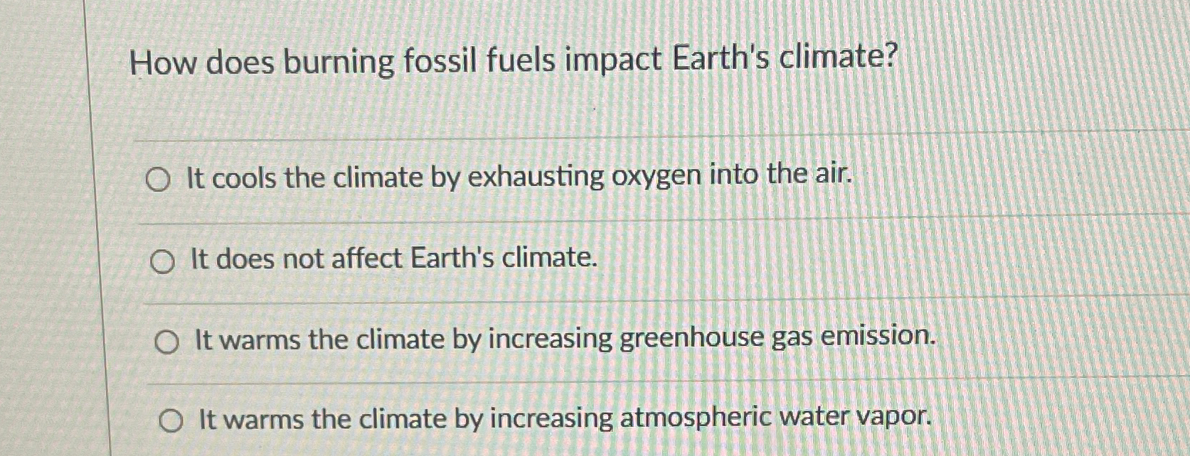 Solved How does burning fossil fuels impact Earth's | Chegg.com