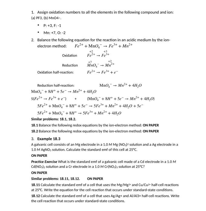 Solved 1. Assign oxidation numbers to all the elements in | Chegg.com