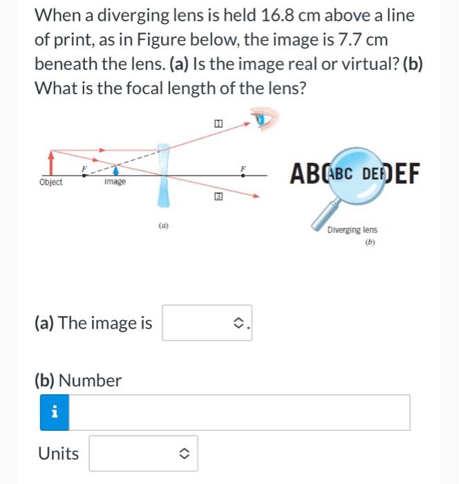 Solved When A Diverging Lens Is Held 16.8 Cm Above A Line Of | Chegg.com