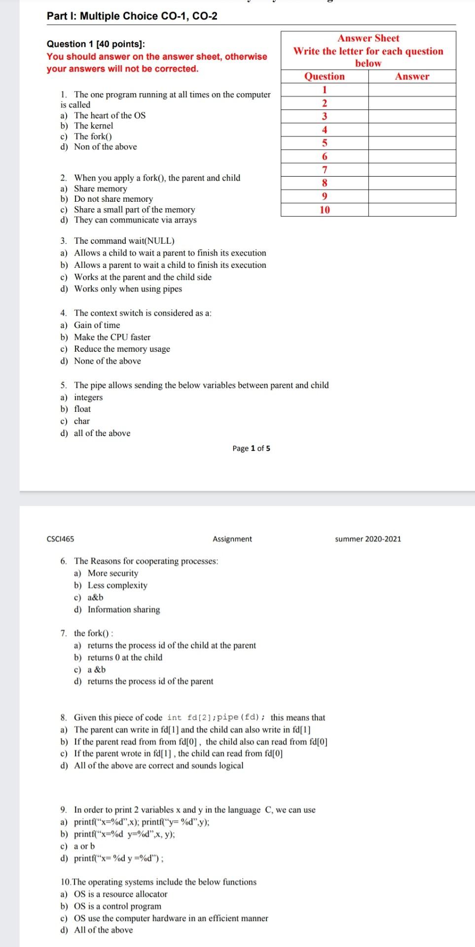 Solved Part I: Multiple Choice CO-1, CO-2 Question 1 [40 | Chegg.com