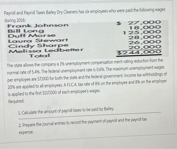Solved Payroll and Payroll Taxes Bailey Dry Cleaners has six