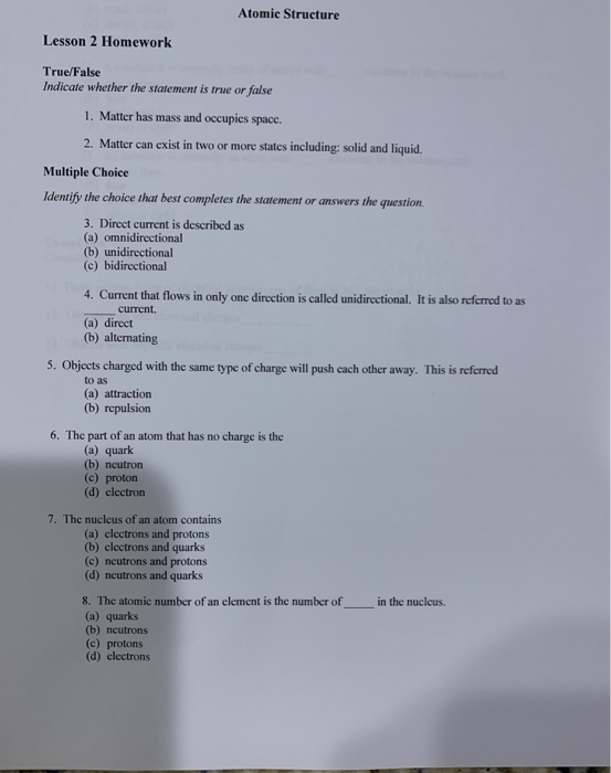 Solved Atomic Structure Lesson 2 Homework True/False