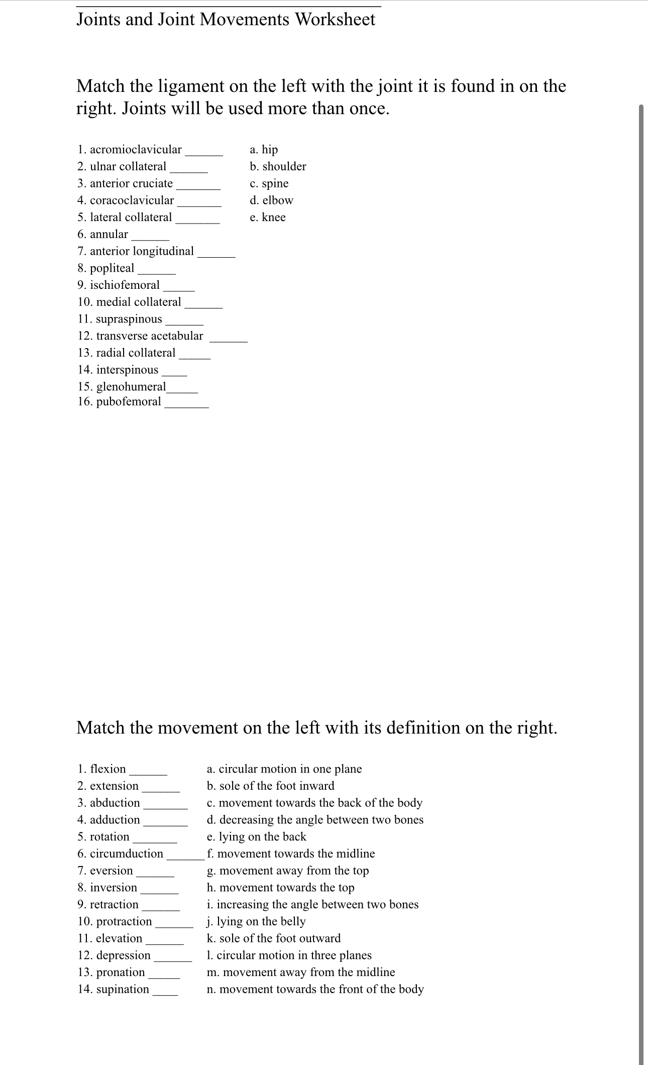 Solved Joints and Joint Movements WorksheetMatch the