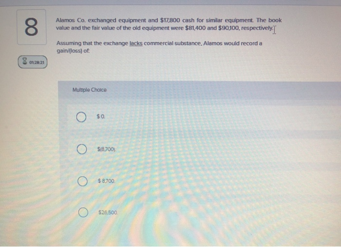 Solved Alamos Co. exchanged equipment and $17800 cash for | Chegg.com