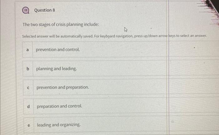 Solved The Two Stages Of Crisis Planning Include: Selected | Chegg.com