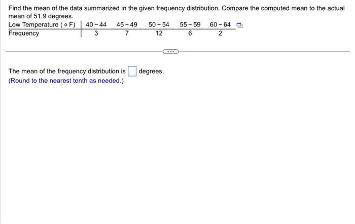 Solved Find the mean of the data summarized in the given | Chegg.com