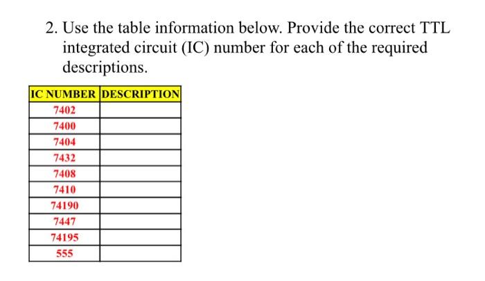Solved 2. Use the table information below. Provide the | Chegg.com
