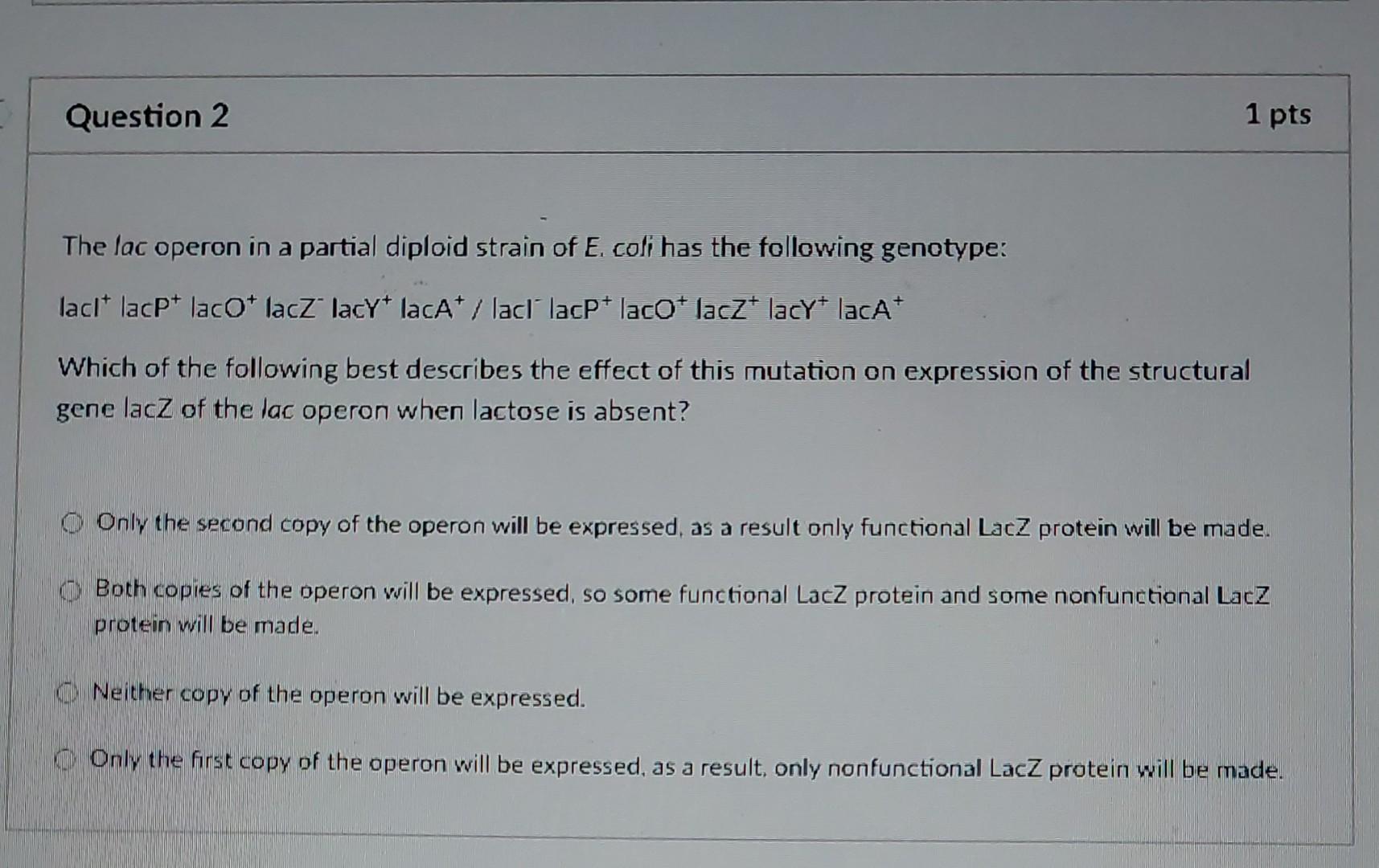 Solved The lac operon in a strain of E. coli has the | Chegg.com
