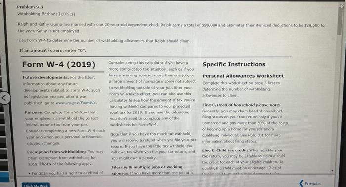 Problem 9-2 Withholding Methods (L0 9.1) Ralph and | Chegg.com