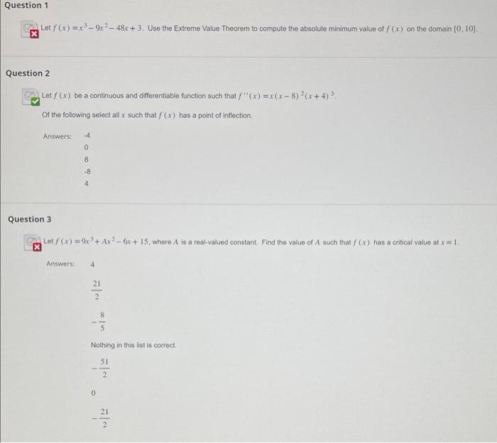 Solved Let F X X3−9x2−48x 3 Use The Extreme Value Theorem