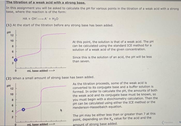 The titration of a weak acid with a strong base.
In this assignment you will be asked to calculate the pH for various points 