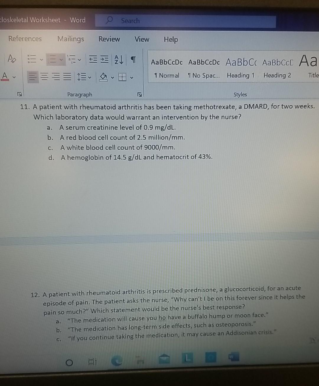 closkeletal Worksheet - Word O Search References Mailings Review View Help EEE 2 T AaBbCcDc AaBbCcDc AaBbcc Aabbcc Aa I No Sp