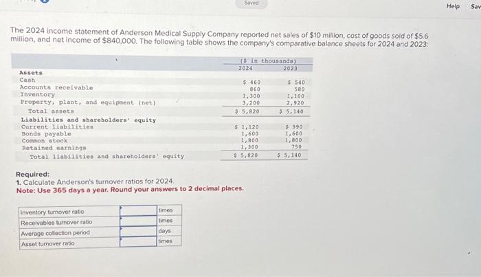 Solved The 2024 income statement of Anderson Medical Supply | Chegg.com