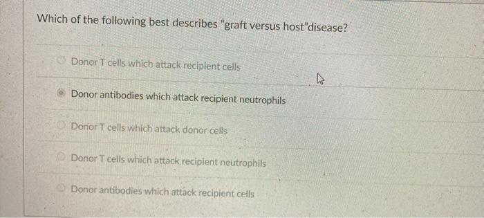 Which of the following best describes graft versus hostdisease? Donor T cells which attack recipient cells का Donor antibodi