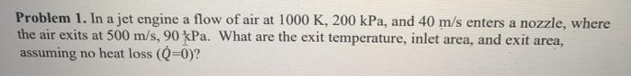 Solved Problem 1. In a jet engine a flow of air at 1000 K, | Chegg.com