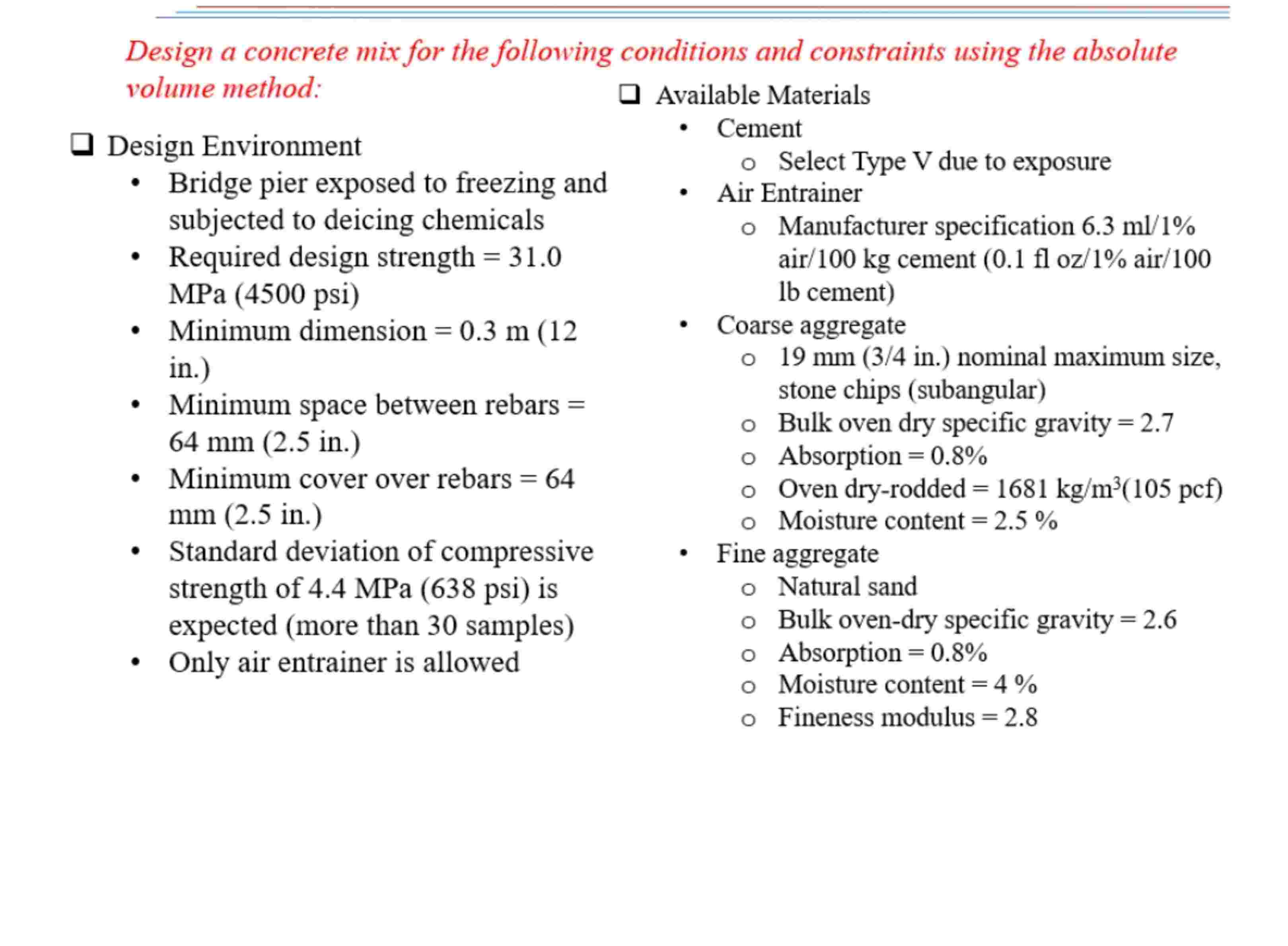 Solved Design a concrete mix for the following conditions | Chegg.com