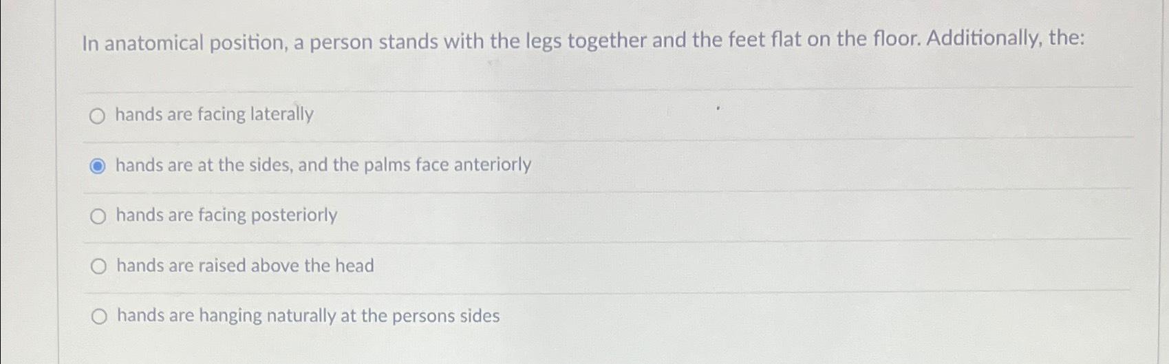 Solved In anatomical position, a person stands with the legs | Chegg.com