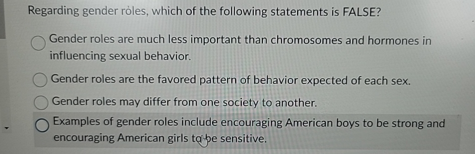 Solved Regarding gender roles, which of the following | Chegg.com