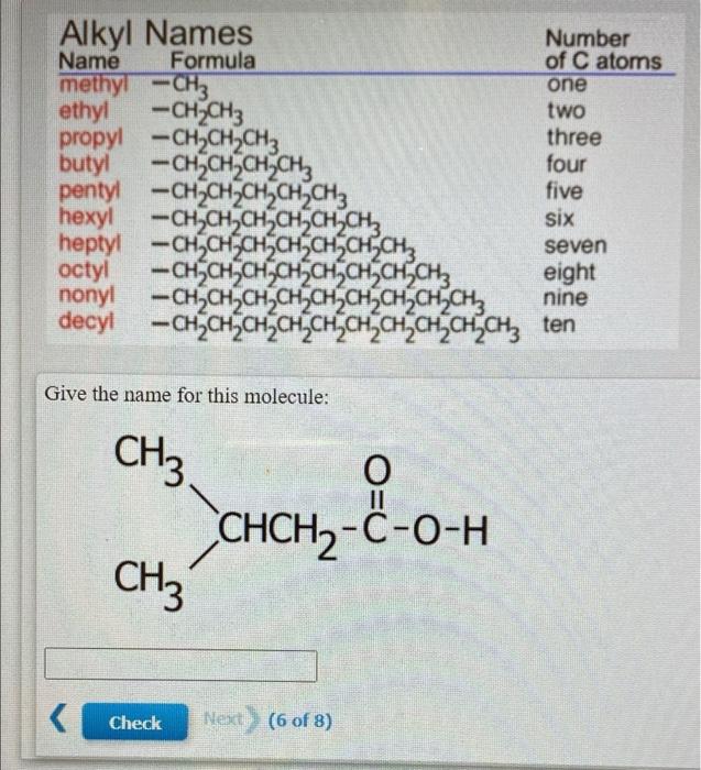 Solved Alkyl Names Number Name Formula of C atoms methyl | Chegg.com