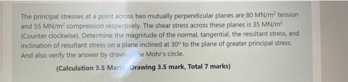 Solved The principal stresses at a point across two mutually | Chegg.com