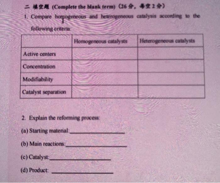 1. Compare hompgeneous and heterogeneous catalysis
