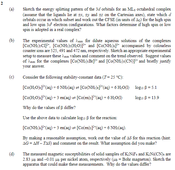 Solved (a) ﻿sketch The Energy Splitting Pattern Of The 3d 